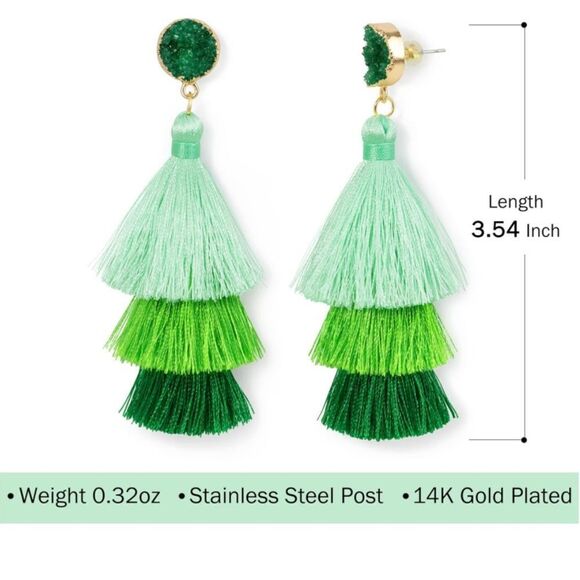 14K Yellow Gold with Pink White Ombre Silk Thread Tassel Quartz Druzy Earrings - Picture 7 of 9